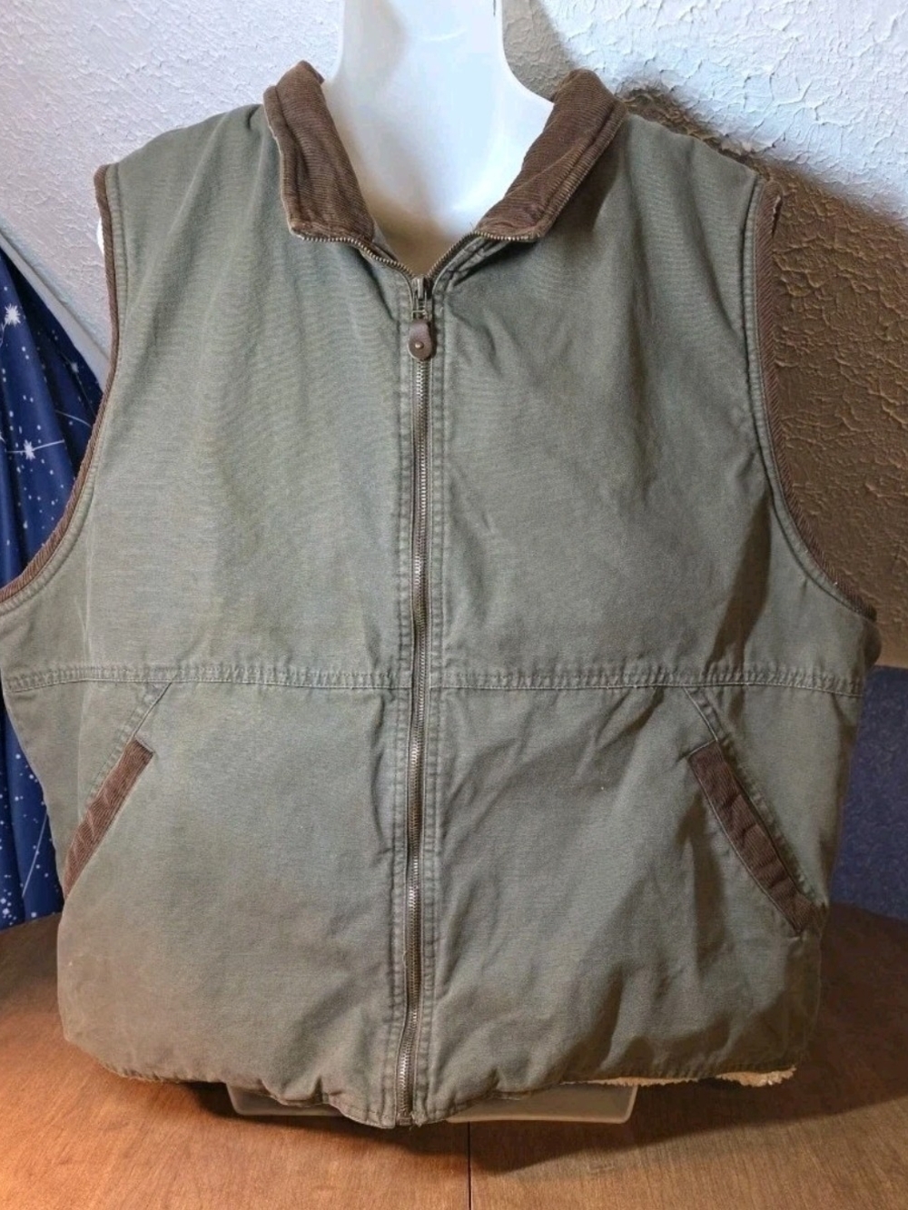 Vintage Wrangler Hero Sherpa Lined Work Vest XL Olive Green Canvas, Distressed